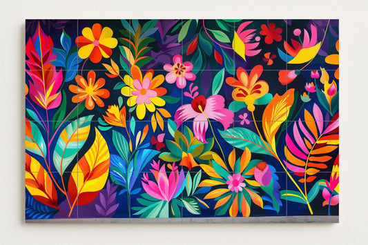 Colombian floral mural • Carnival jungle tile mural art • Tropical festival decorations • Barranquilla flower panel • Caribbean garden ceramics