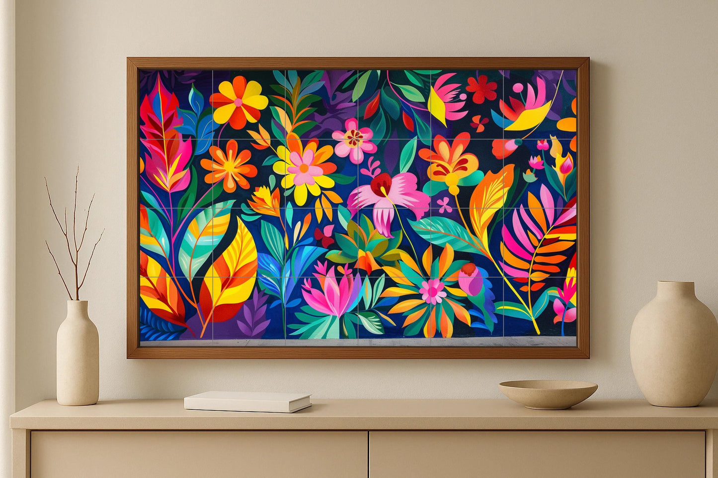 Colombian floral mural • Carnival jungle tile mural art • Tropical festival decorations • Barranquilla flower panel • Caribbean garden ceramics