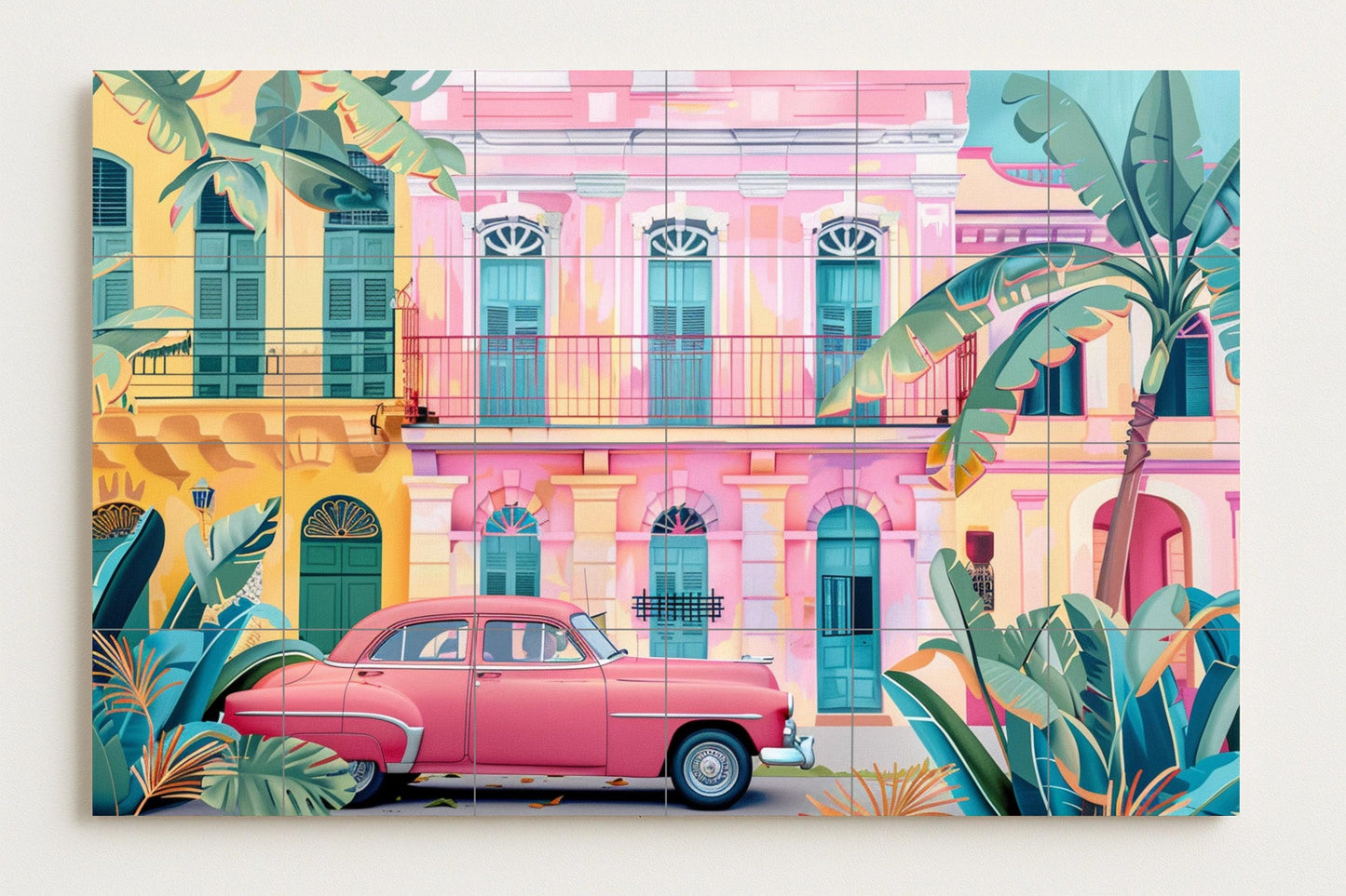 Caribbean mural in pastel tones • Mural art with retro tropical tiles • Miami pink facade decoration • Puerto Rican plant panel • Cuban island street ceramics