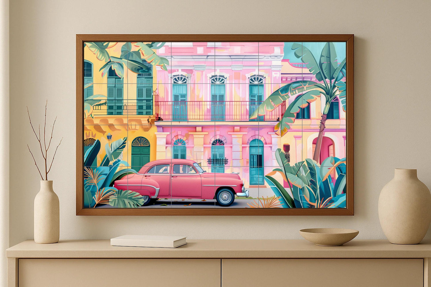 Caribbean mural in pastel tones • Mural art with retro tropical tiles • Miami pink facade decoration • Puerto Rican plant panel • Cuban island street ceramics