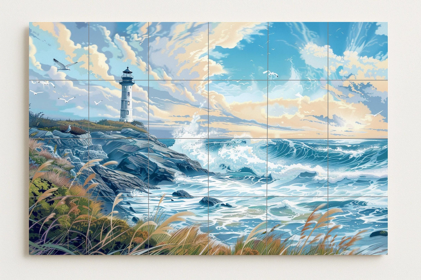 Mural of the Galician coast • Mural art with Atlantic wave tiles • Decoration of the Costa da Morte • Spanish lighthouse panel • Ceramics with ocean spray • Fishing village