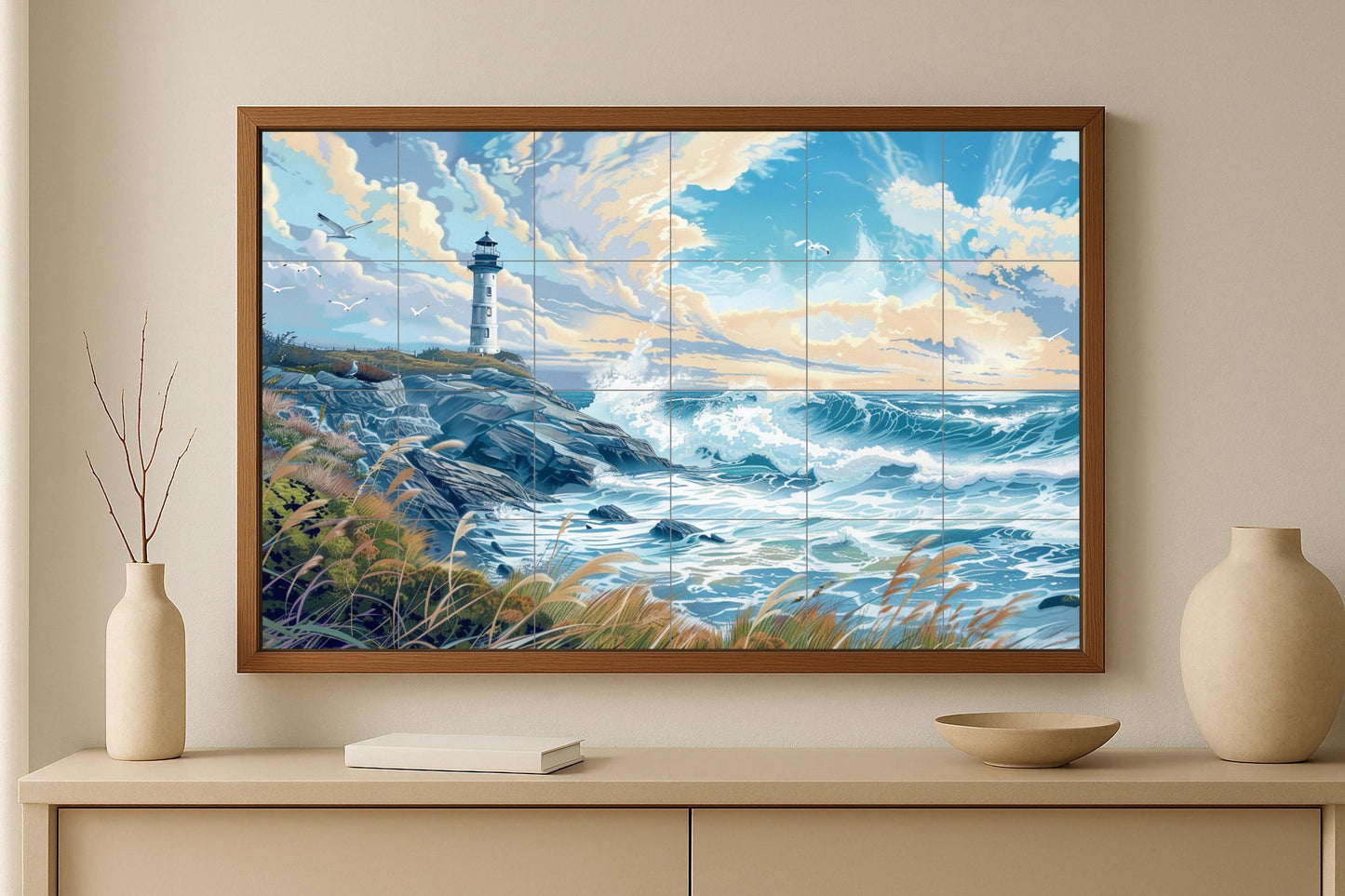 Mural of the Galician coast • Mural art with Atlantic wave tiles • Decoration of the Costa da Morte • Spanish lighthouse panel • Ceramics with ocean spray • Fishing village