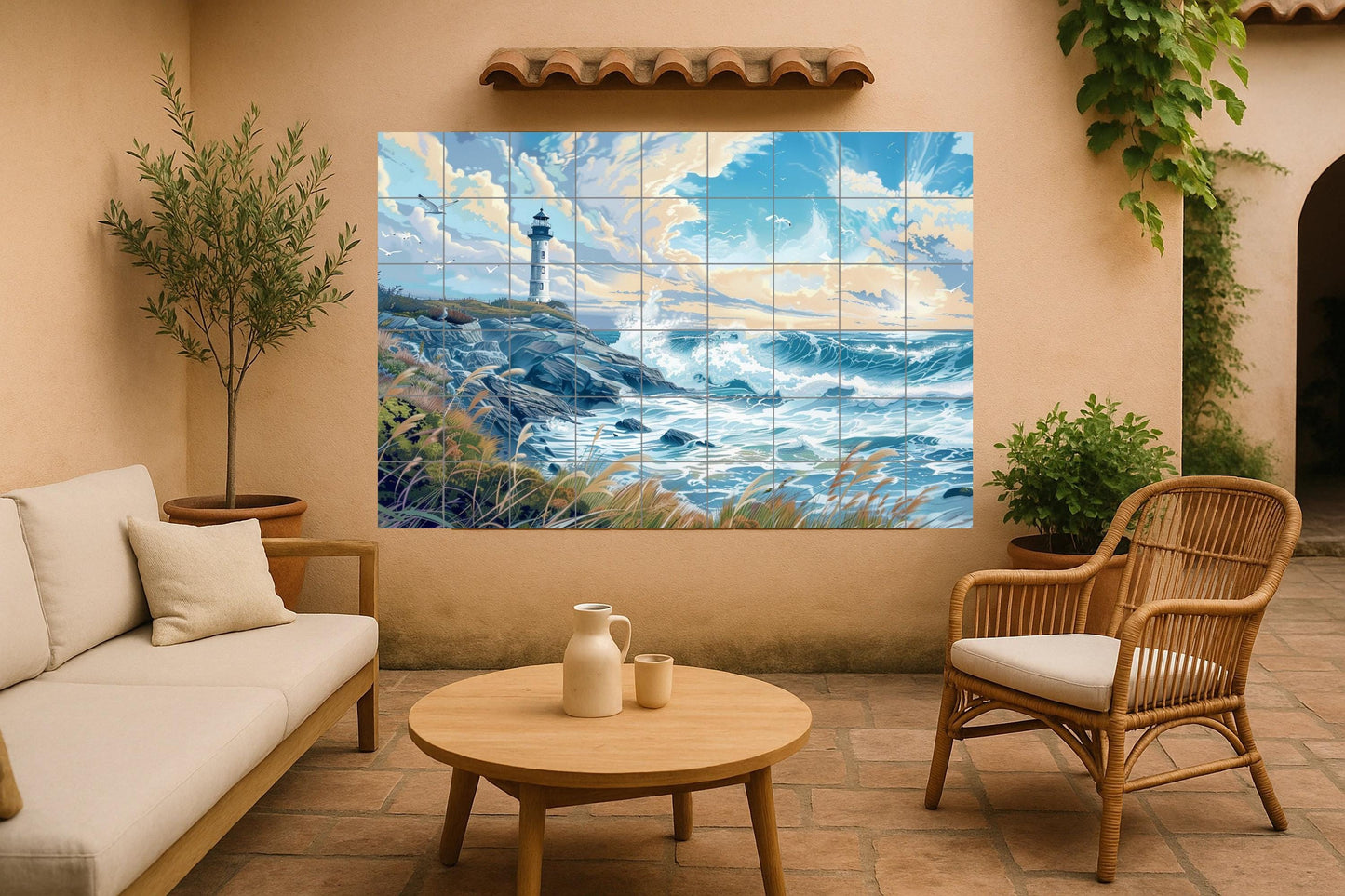 Mural of the Galician coast • Mural art with Atlantic wave tiles • Decoration of the Costa da Morte • Spanish lighthouse panel • Ceramics with ocean spray • Fishing village