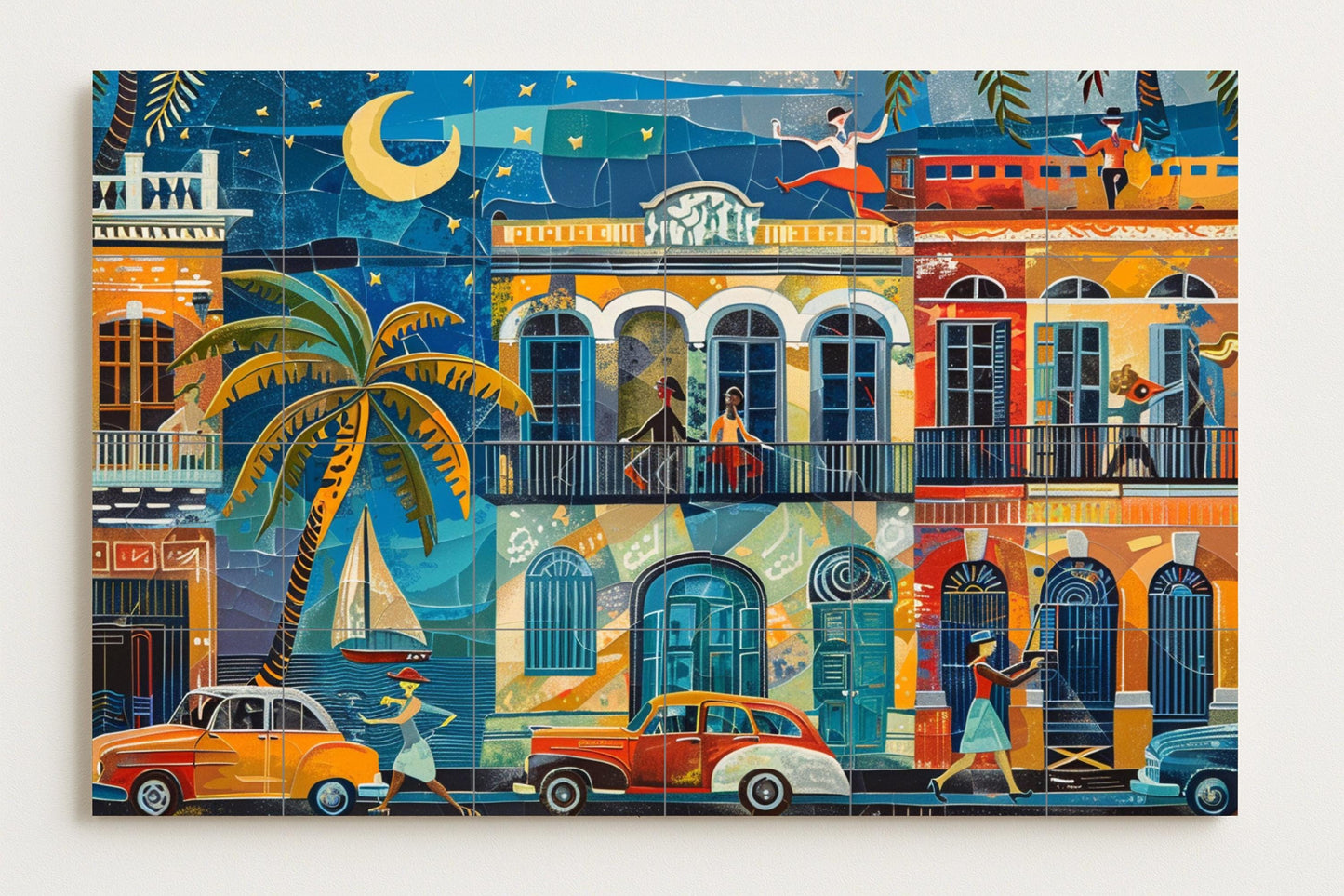 Havana Mural • Cuban Street Tile Mural Art • Colonial Balcony Decor • Salsa Music Panel • Caribbean Car Ceramics • Tropical Night Scene