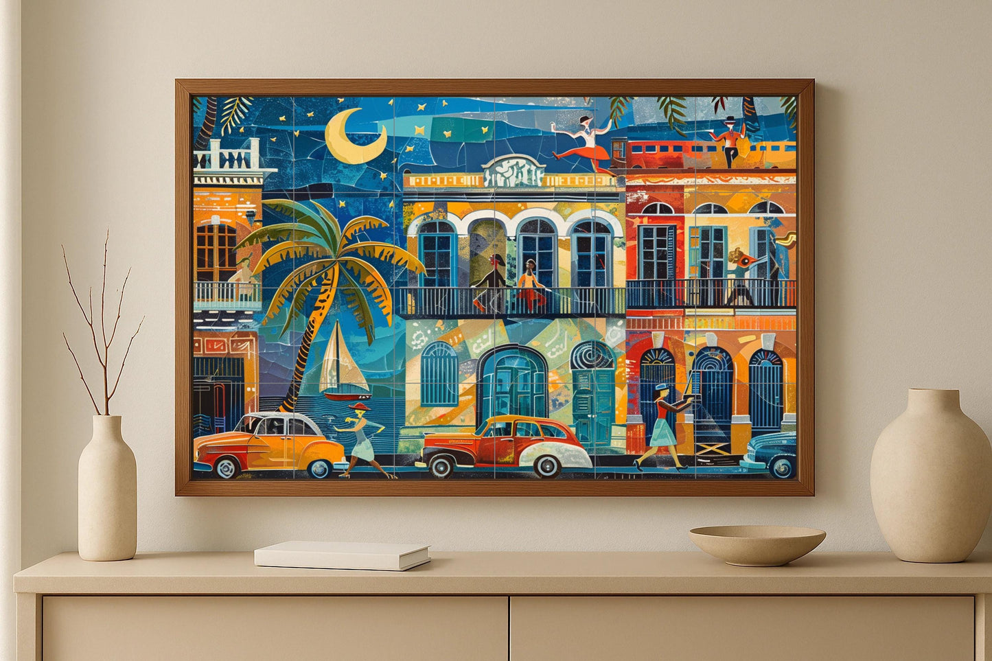 Havana Mural • Cuban Street Tile Mural Art • Colonial Balcony Decor • Salsa Music Panel • Caribbean Car Ceramics • Tropical Night Scene
