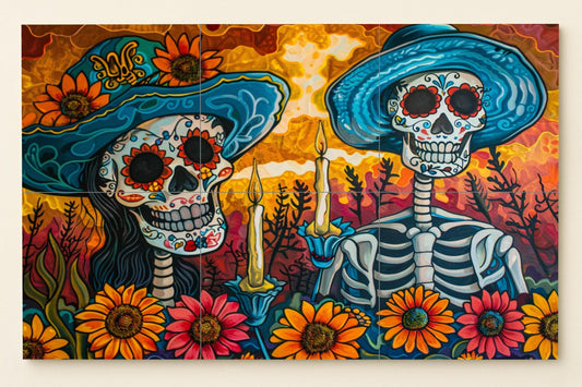 Romantic Day of the Dead mural: Mexican tile art at sunset with a pair of skeletons, sunflowers, and candles