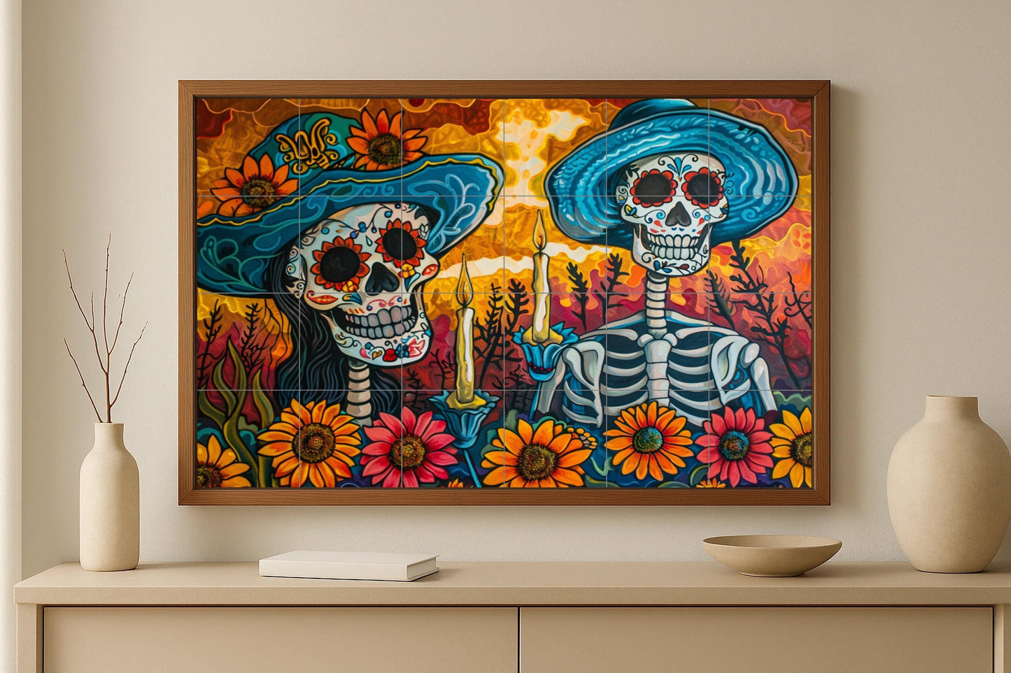 Romantic Day of the Dead mural: Mexican tile art at sunset with a pair of skeletons, sunflowers, and candles