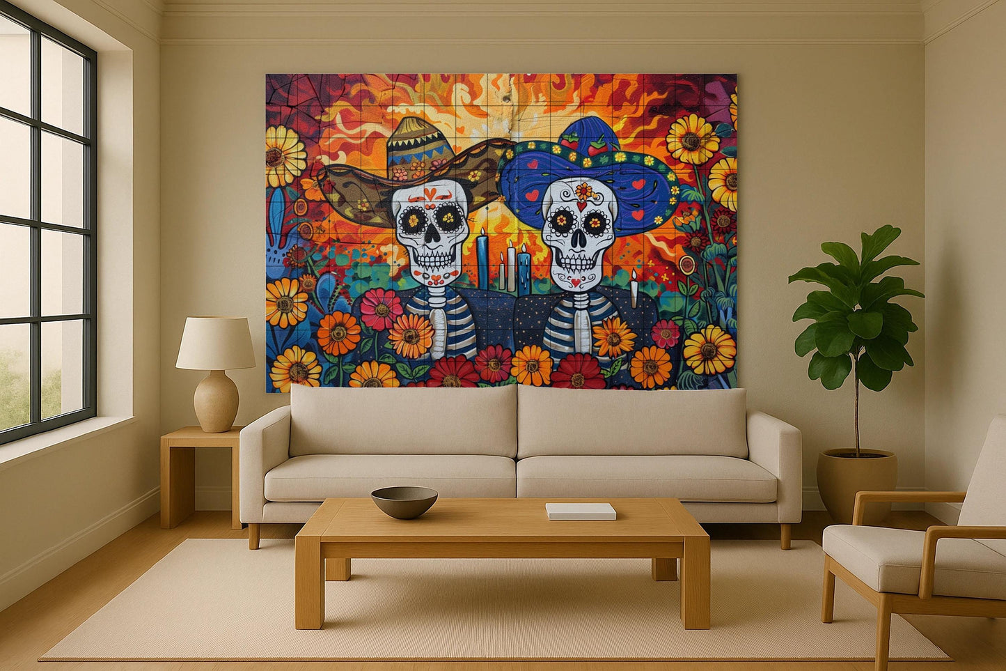 Day of the Dead Mural: Colorful Mexican tile art with catrinas, flowers, and candles / Mexican Day of the Dead wall decor
