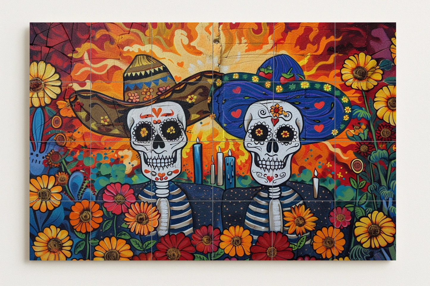 Day of the Dead Mural: Colorful Mexican tile art with catrinas, flowers, and candles / Mexican Day of the Dead wall decor