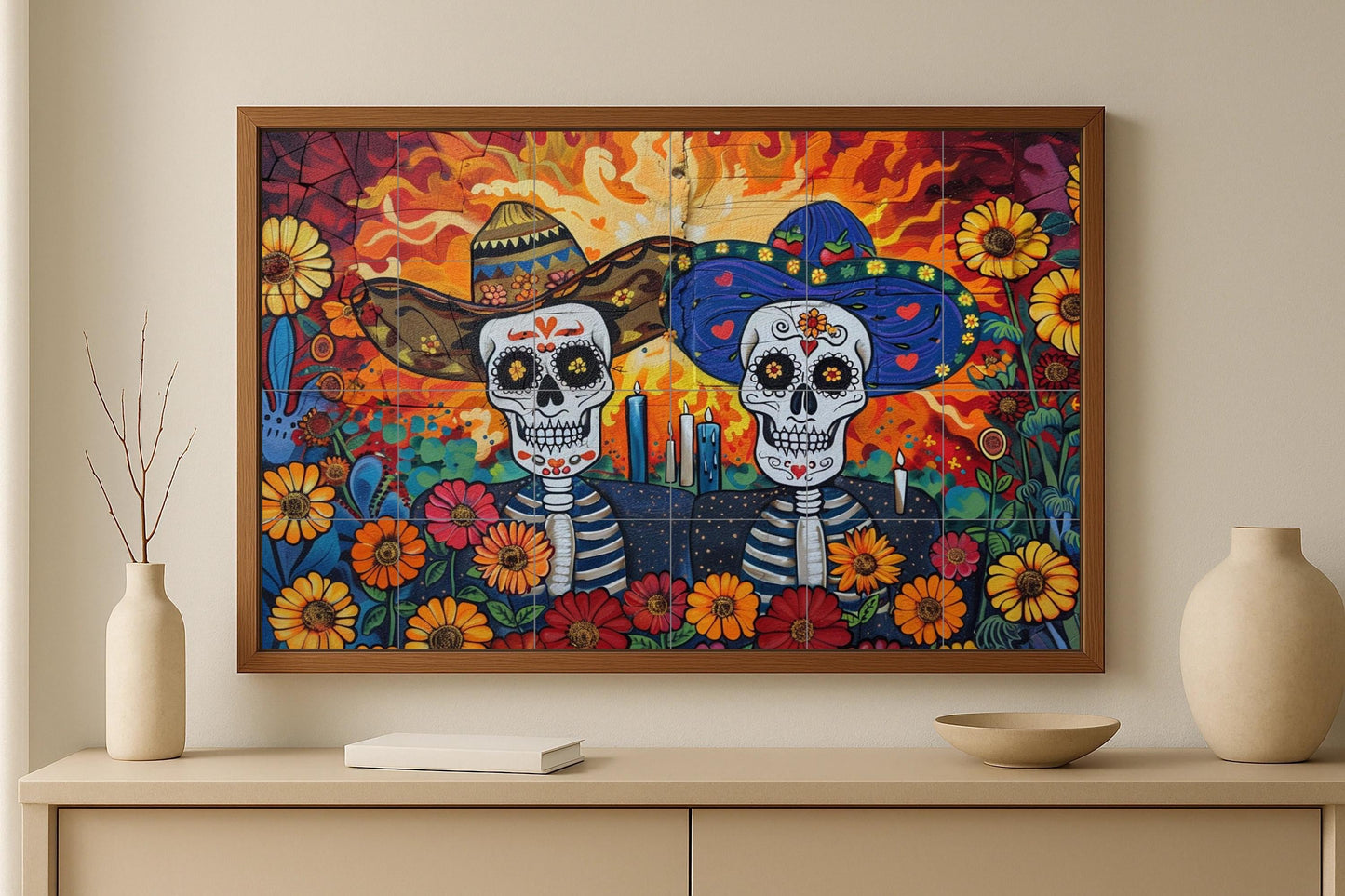 Day of the Dead Mural: Colorful Mexican tile art with catrinas, flowers, and candles / Mexican Day of the Dead wall decor