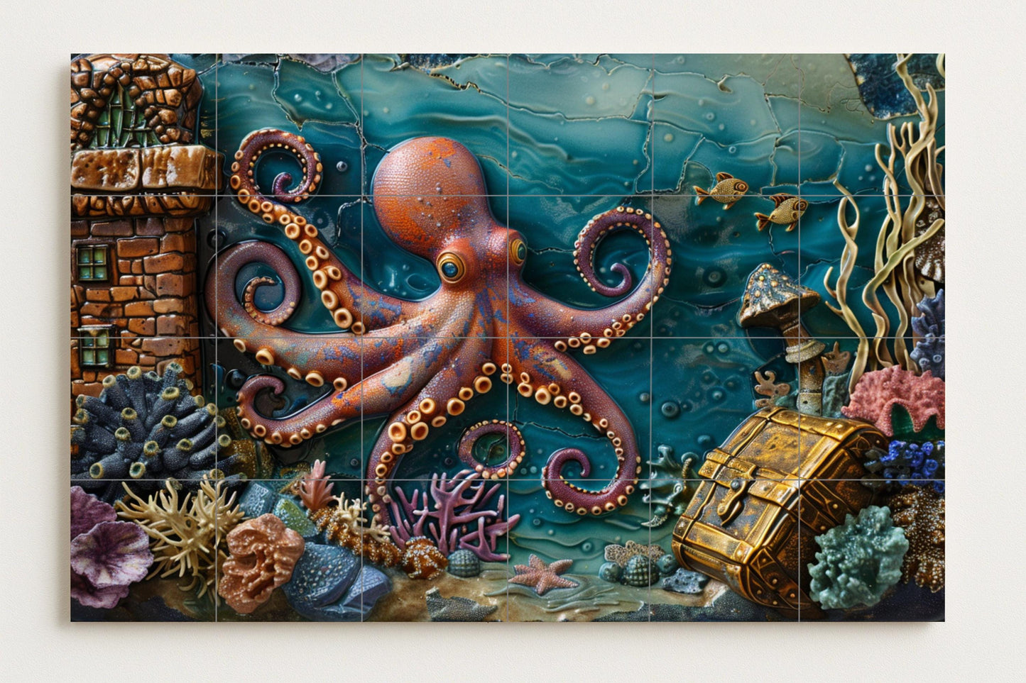 Underwater octopus mural: Nautical ceramic art with coral reef, treasure chest and sea castle / Made in Spain
