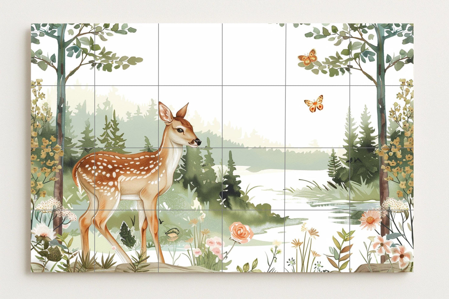 Ceramic mural of a deer in the forest: fawn with butterflies and flowers. Decoration for a child's room or a rustic setting. Made in Spain.