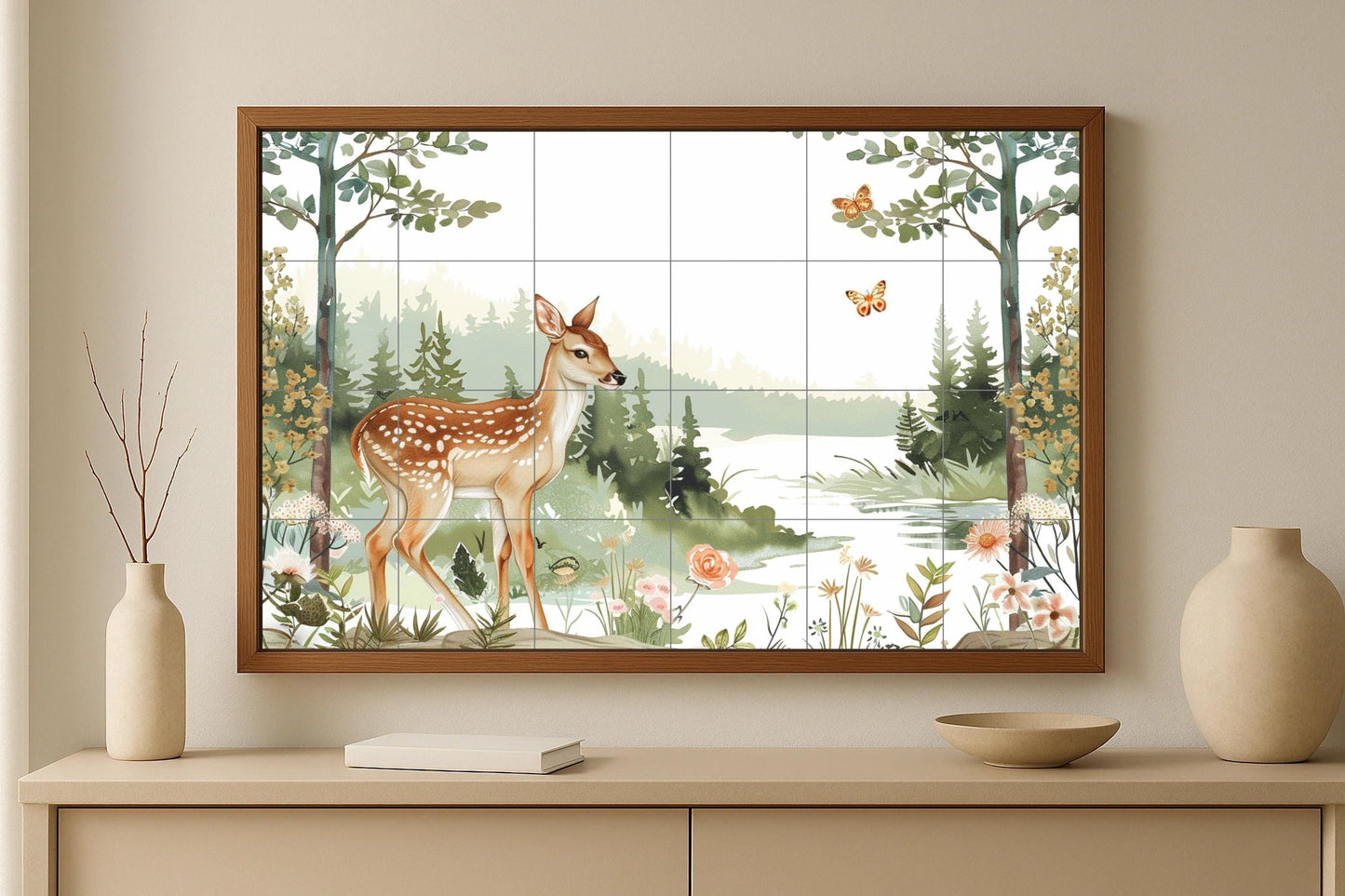 Ceramic mural of a deer in the forest: fawn with butterflies and flowers. Decoration for a child's room or a rustic setting. Made in Spain.