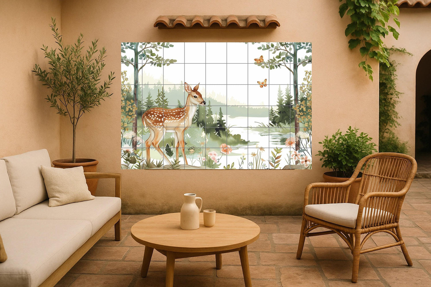 Ceramic mural of a deer in the forest: fawn with butterflies and flowers. Decoration for a child's room or a rustic setting. Made in Spain.