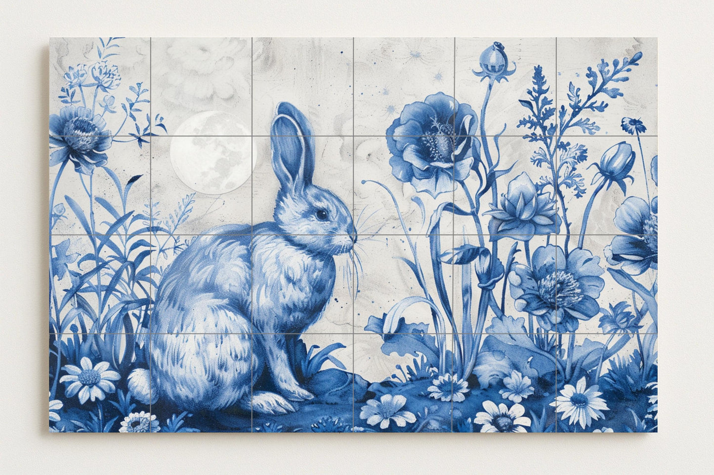 Blue Rabbit Floral Mural – Delft Tile Art with Rabbit and Moon in a Botanical Garden / Ceramic Wall Panel Made in Spain