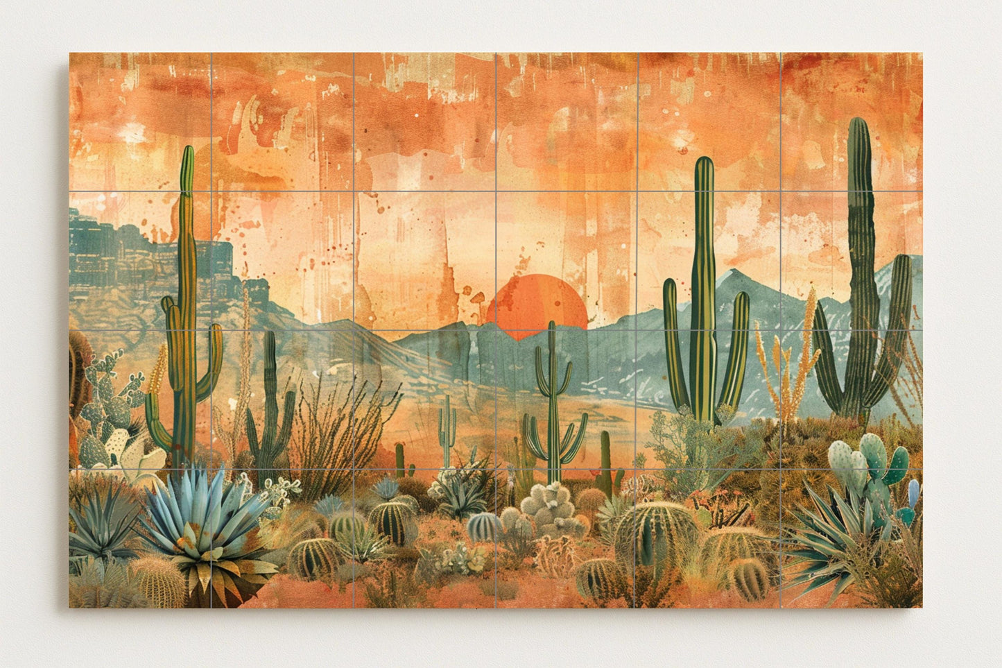 Desert Sunset Cactus Mural / Southwestern Tile Mural Art / Agave and Saguaro Landscape / Arizona Desert Mood Home Decor