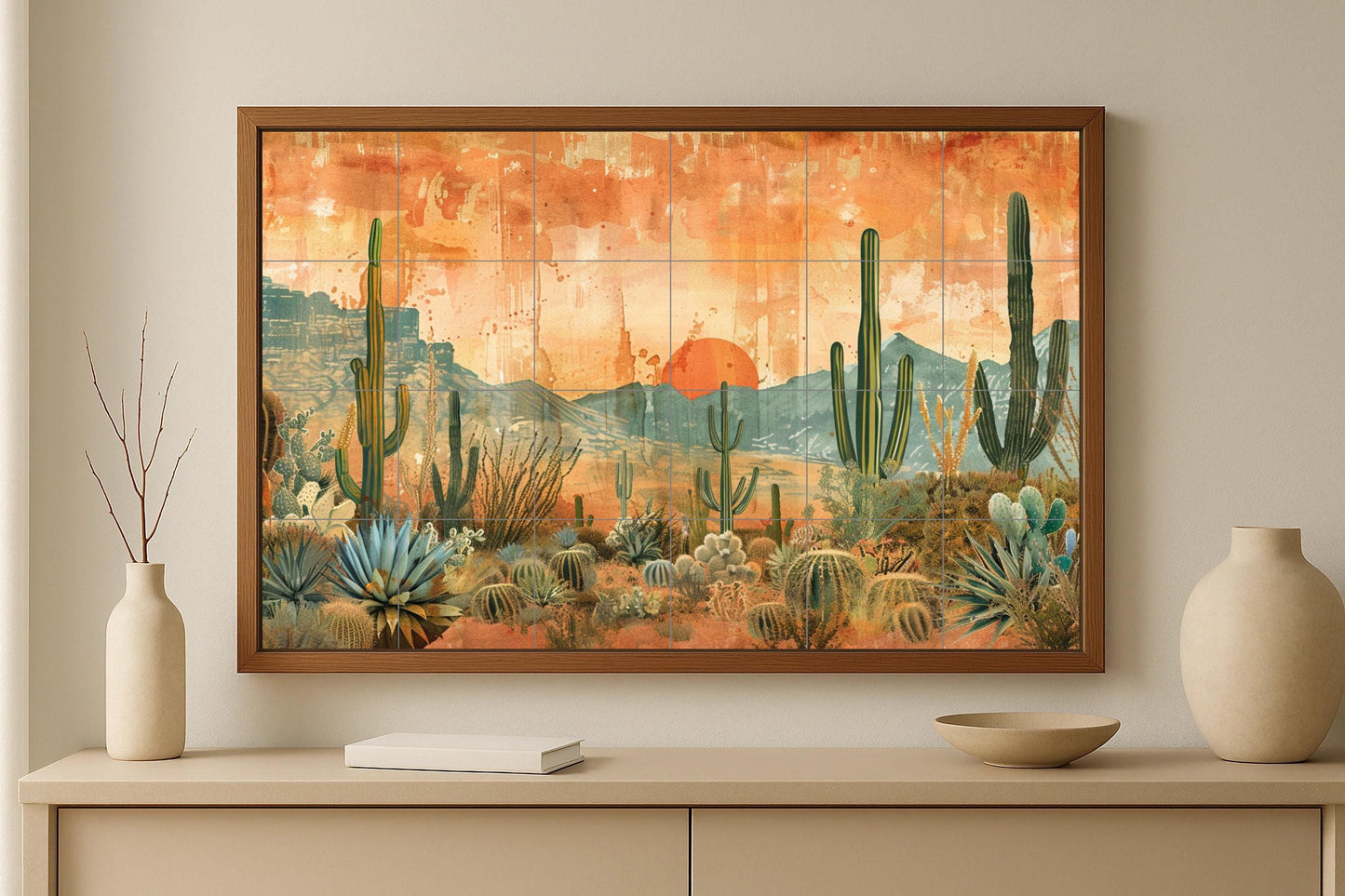 Desert Sunset Cactus Mural / Southwestern Tile Mural Art / Agave and Saguaro Landscape / Arizona Desert Mood Home Decor
