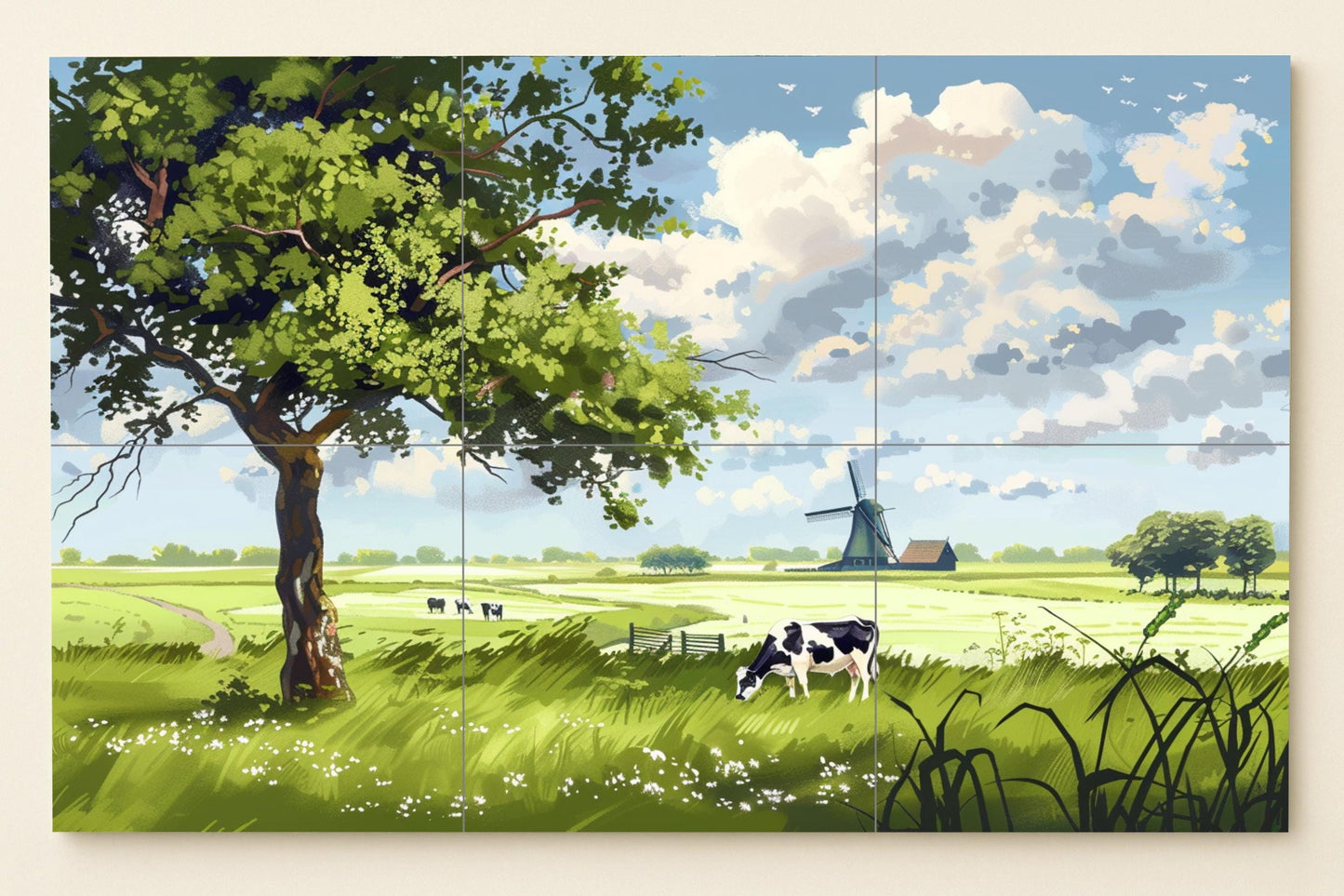 Mural of the Dutch Golden Plains / Pastoral scene of windmill and cow / European rural mural art / Rural tile decoration of the Netherlands