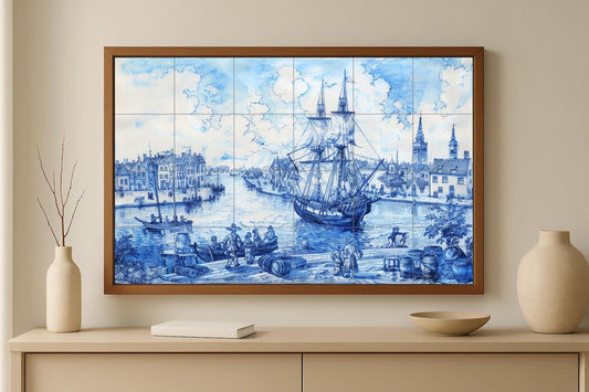 Delft Blue Ship Tile Mural • Dutch Golden Age Harbor Scene • Historic Maritime Wall Art with Canals and Sailing Ships in Classical Porcelain Style