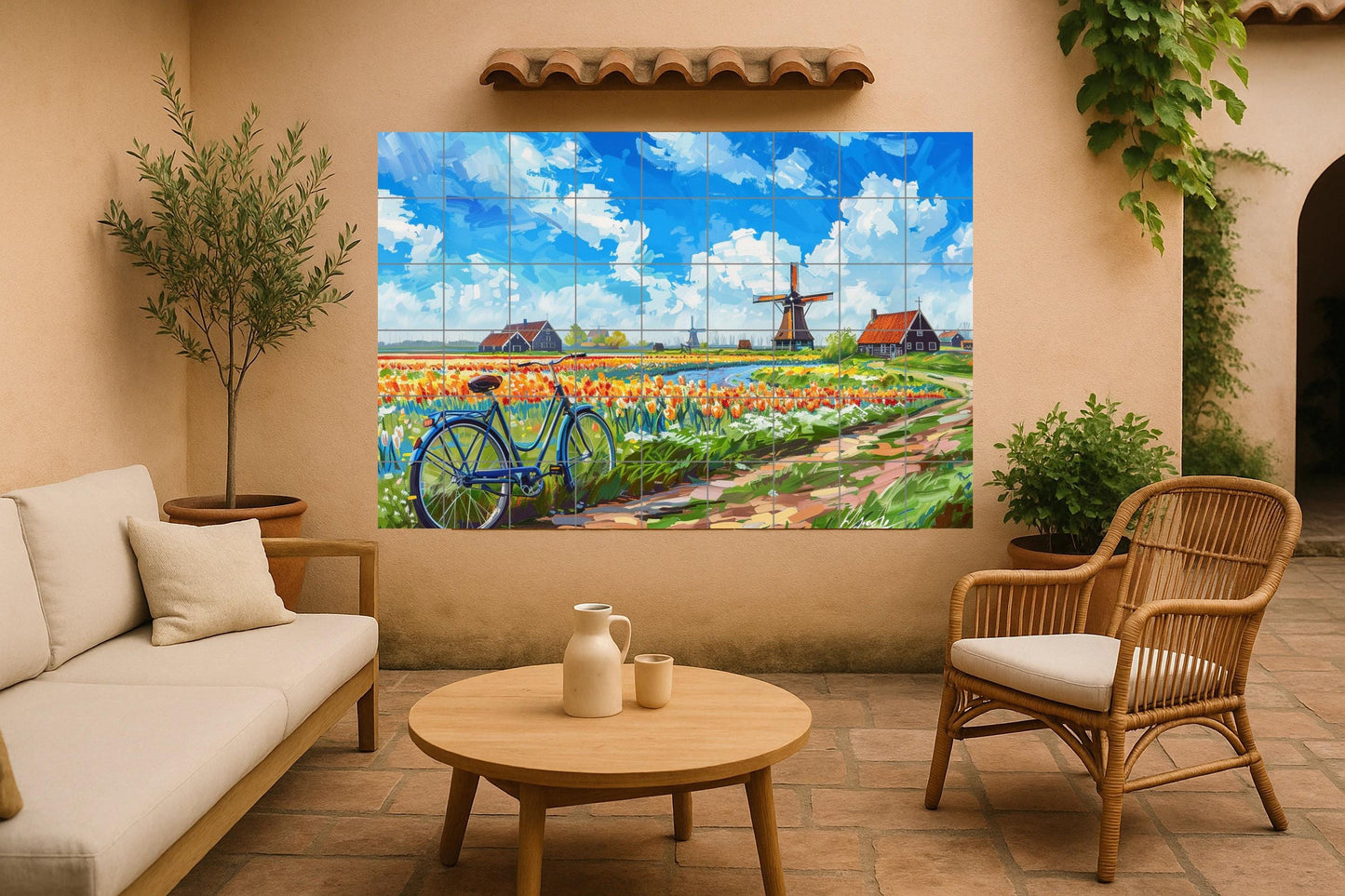 Tile mural of a Dutch tulip field • Dutch landscape with windmill and bicycle • Colorful wall art for nature and travel lovers