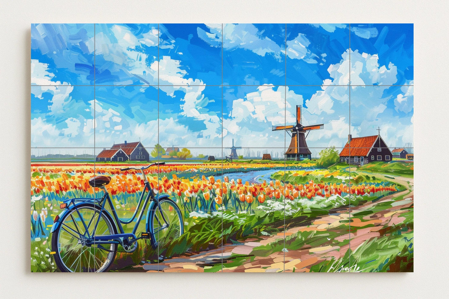 Tile mural of a Dutch tulip field • Dutch landscape with windmill and bicycle • Colorful wall art for nature and travel lovers