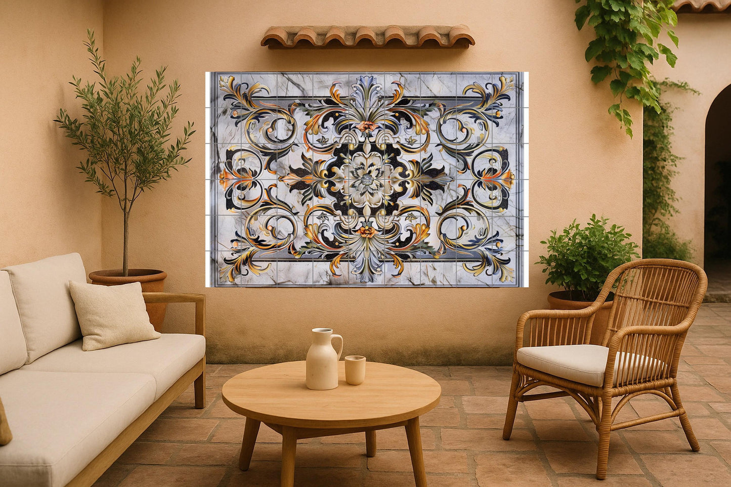 Ottoman Floral Tile Mural • Symmetrical Marble Wall Art with Golden Arabesques • Classic Islamic Ornament for Elegant Interiors