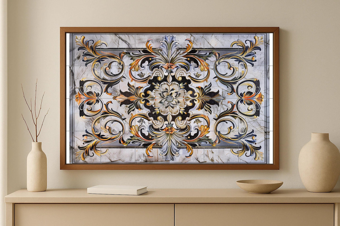 Ottoman Floral Tile Mural • Symmetrical Marble Wall Art with Golden Arabesques • Classic Islamic Ornament for Elegant Interiors