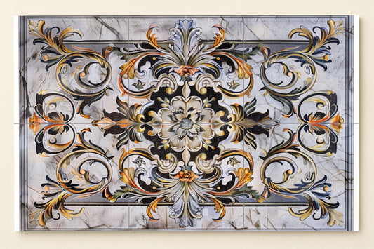 Ottoman Floral Tile Mural • Symmetrical Marble Wall Art with Golden Arabesques • Classic Islamic Ornament for Elegant Interiors