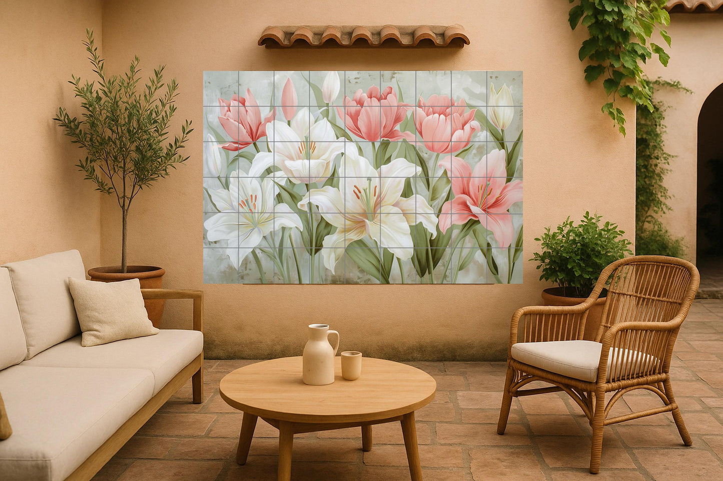 Hanakotoba Floral Mural • Japanese Lily Tile Wall Art • Symbolic Tulip Decoration • Serenity Flower Panel • Purity Ceramics • Soft Floral Harmony