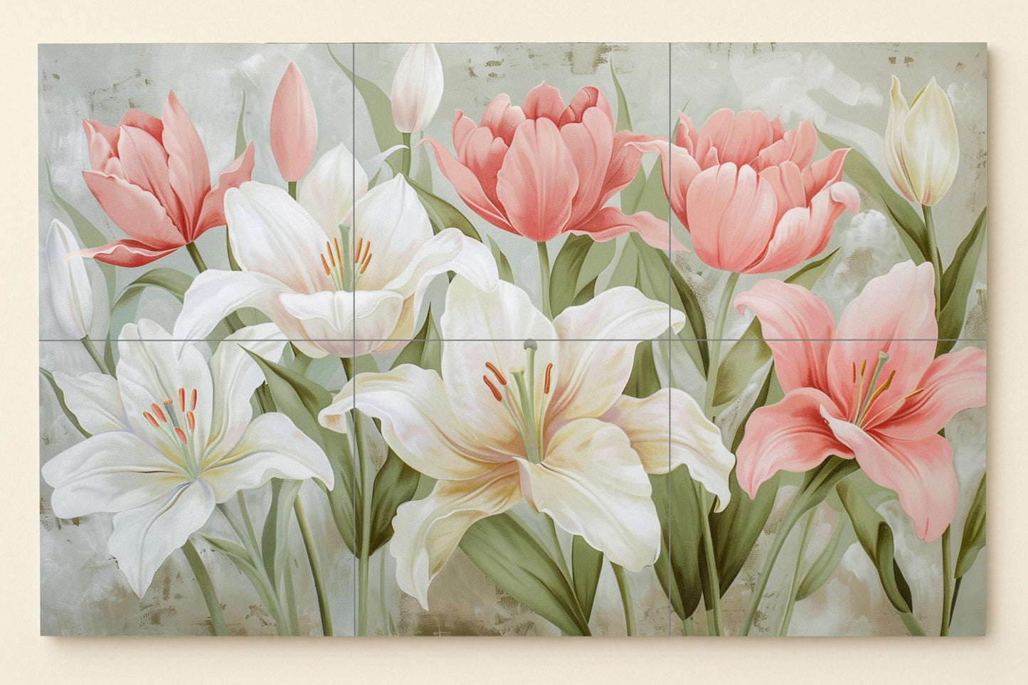Hanakotoba Floral Mural • Japanese Lily Tile Wall Art • Symbolic Tulip Decoration • Serenity Flower Panel • Purity Ceramics • Soft Floral Harmony
