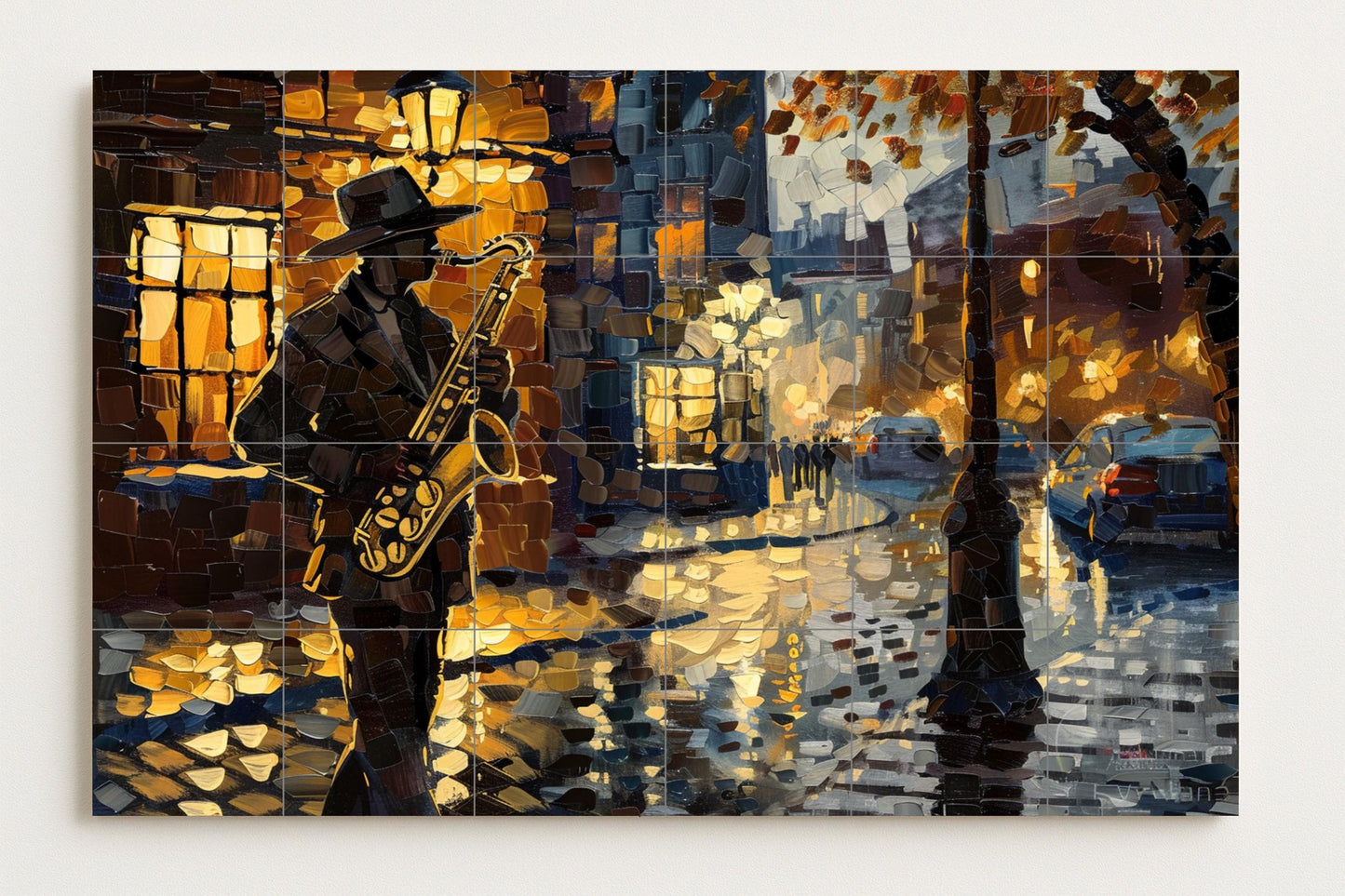 New Orleans Jazz Mural • Saxophone Tile Mural Art • Bourbon Street Decor • Night Music Panel • French Quarter Pottery • Blues Scene in the Rain