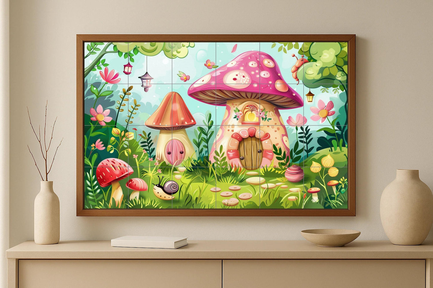 Enchanted Forest Mural • Mushroom Fairy Tile Wall Art • Magical Forest Decor • Quirky Cottage Panel • Fairyland Ceramics • Sparkling Garden Charm