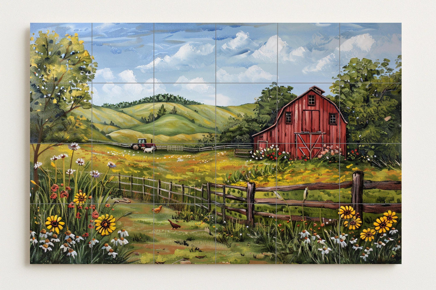 American Farmhouse Mural • Red Barn Tile Wall Art • Summer Country Decor • Midwestern Flower Panel • Vintage Rural Pottery • Historic Farmhouse