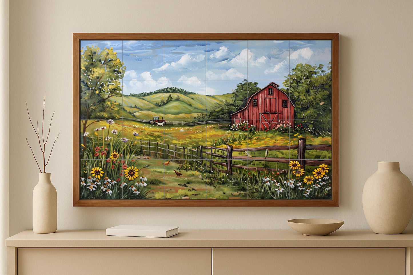 American Farmhouse Mural • Red Barn Tile Wall Art • Summer Country Decor • Midwestern Flower Panel • Vintage Rural Pottery • Historic Farmhouse