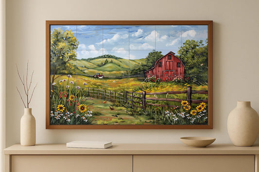 American Farmhouse Mural • Red Barn Tile Wall Art • Summer Country Decor • Midwestern Flower Panel • Vintage Rural Pottery • Historic Farmhouse