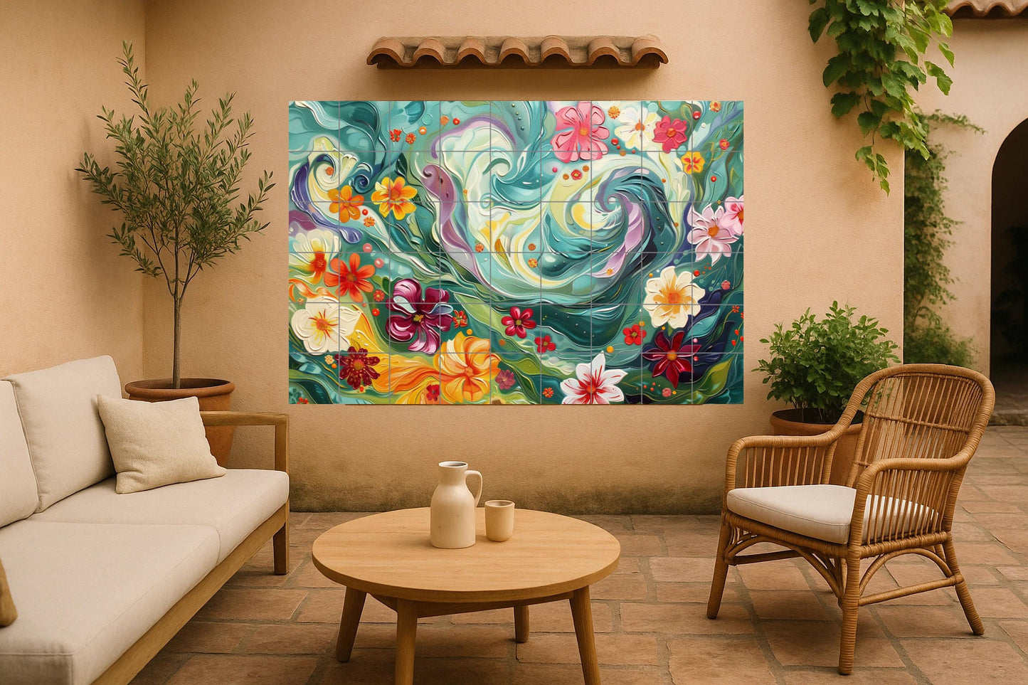 Tropical Bloomstorm Wall Mural • Flowing floral panel inspired by Polynesian vibes and ocean energy • Exotic botanical wall art