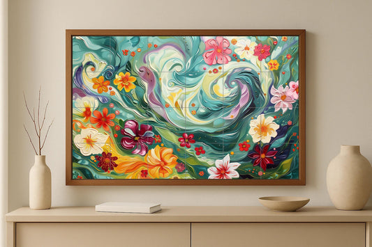 Tropical Bloomstorm Wall Mural • Flowing floral panel inspired by Polynesian vibes and ocean energy • Exotic botanical wall art