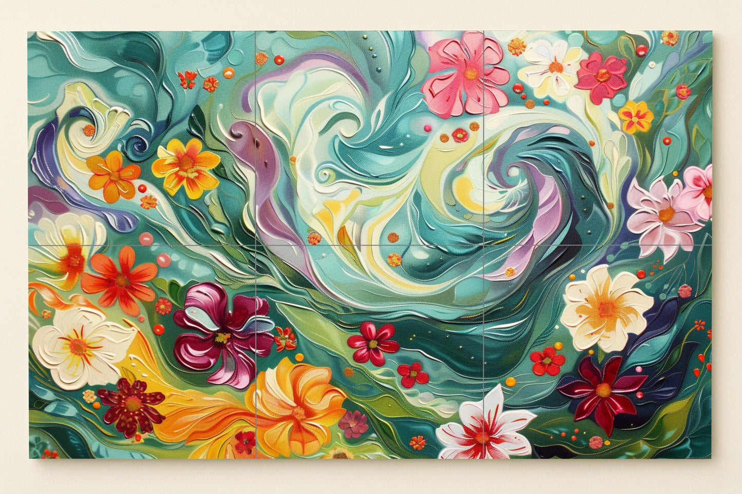 Tropical Bloomstorm Wall Mural • Flowing floral panel inspired by Polynesian vibes and ocean energy • Exotic botanical wall art