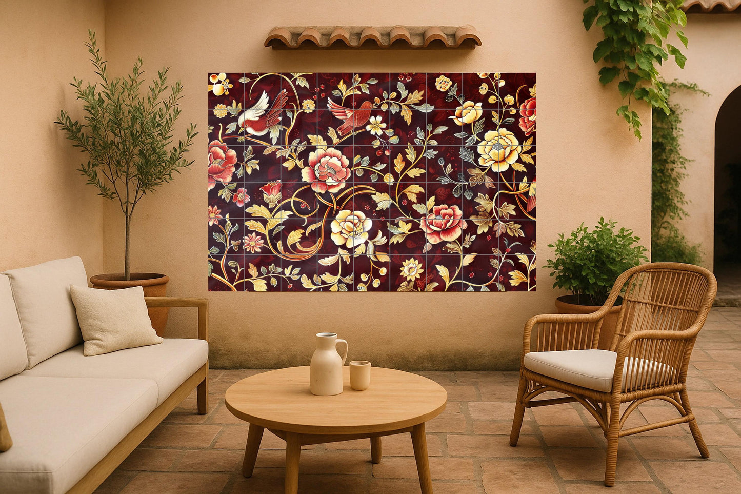 Majolica wall mural • Floral art on dark burgundy tiles with birds inspired by Kashan pottery and Persian embroidered fabrics