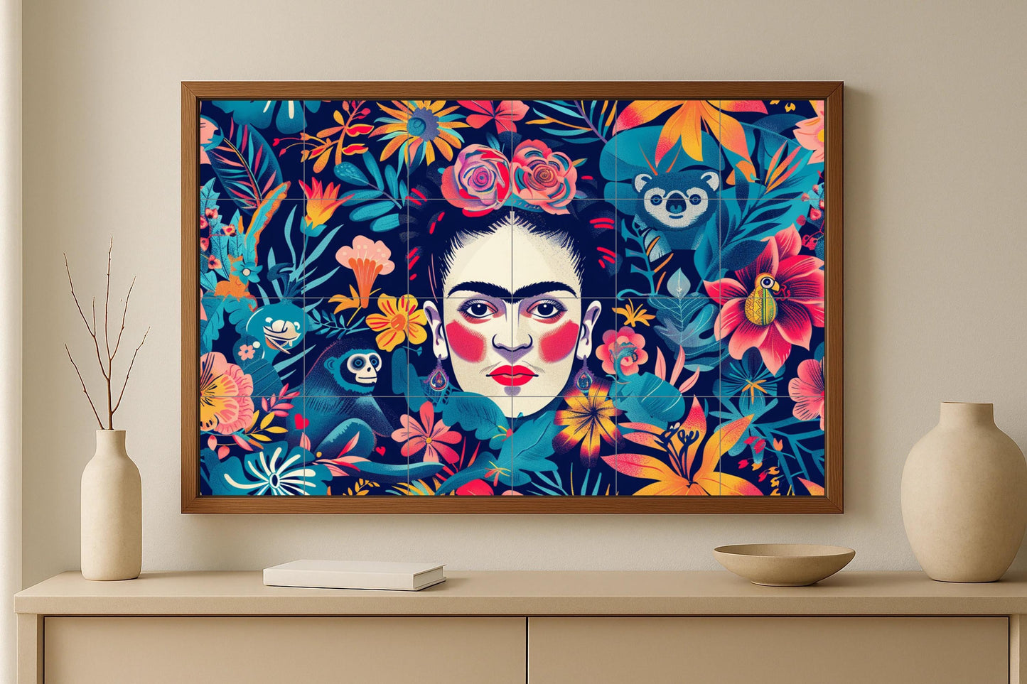 Frida Kahlo Mural • Bold Mexican ceramic tile art featuring monkeys, flowers, and tropical foliage in an Oaxacan color palette