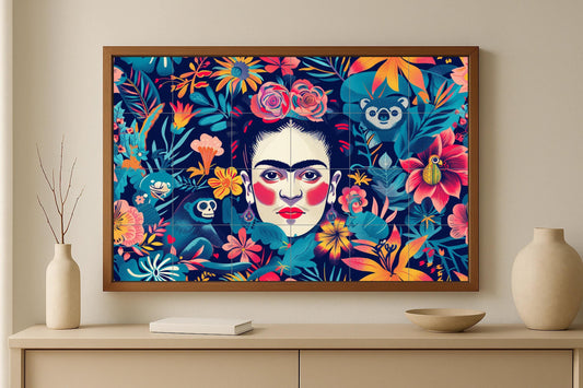 Frida Kahlo Mural • Bold Mexican ceramic tile art featuring monkeys, flowers, and tropical foliage in an Oaxacan color palette