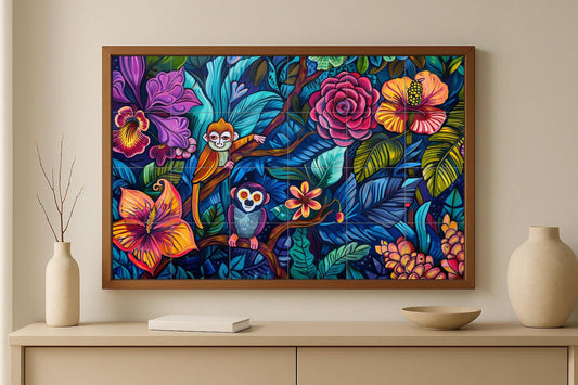 Amazon Rainforest Mural • Vibrant ceramic tile panel featuring monkeys, tropical flowers, and lush rainforest foliage