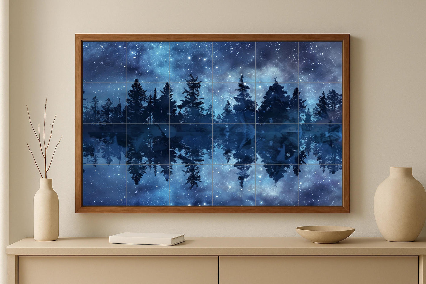 Reflections of the Celestial Forest • Ceramic tile mural with starry sky and pine trees for modern Nordic-inspired wall art