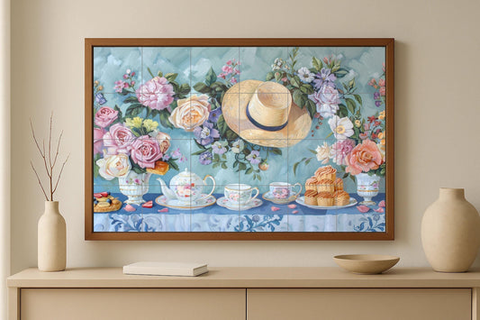 Vintage English Tea Time Mural • Floral ceramic tile panel with roses, cakes and teacups for elegant wall decoration