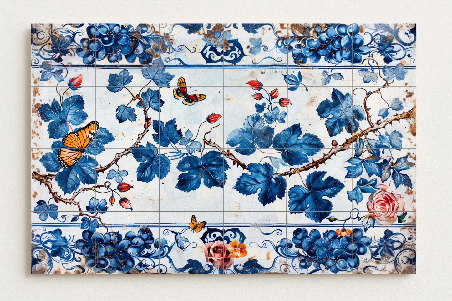 Blue Vine Tile Mural • Portuguese Floral Tile Art • Ceramic Butterfly Wall Panel • Rustic Vineyard Wall Decor