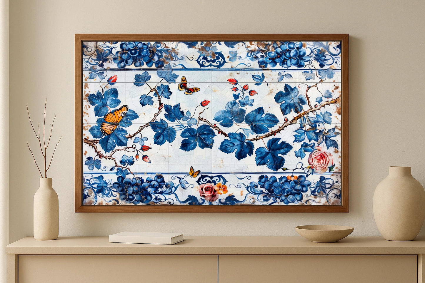 Blue Vine Tile Mural • Portuguese Floral Tile Art • Ceramic Butterfly Wall Panel • Rustic Vineyard Wall Decor