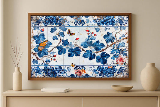 Blue Vine Tile Mural • Portuguese Floral Tile Art • Ceramic Butterfly Wall Panel • Rustic Vineyard Wall Decor