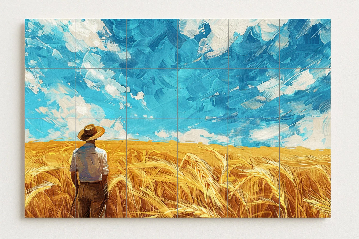 American Wheat Field Tile Mural • Midwestern Farm Skyline Ceramic • Rural Landscape Panel • Prairie Decor with Blue Sky • Rustic Harvest Art