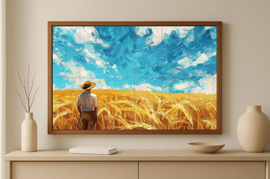 American Wheat Field Tile Mural • Midwestern Farm Skyline Ceramic • Rural Landscape Panel • Prairie Decor with Blue Sky • Rustic Harvest Art