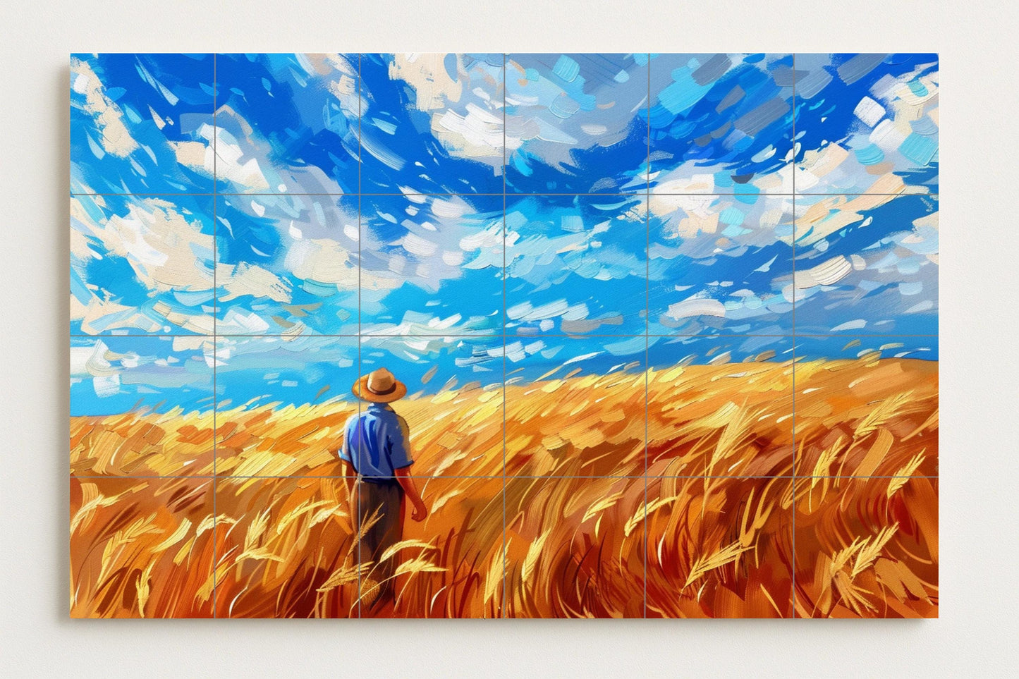 Van Gogh-style wheat field mural • French Provençal sky ceramic • Peasant art panel • Bold post-impressionist tile wall decoration